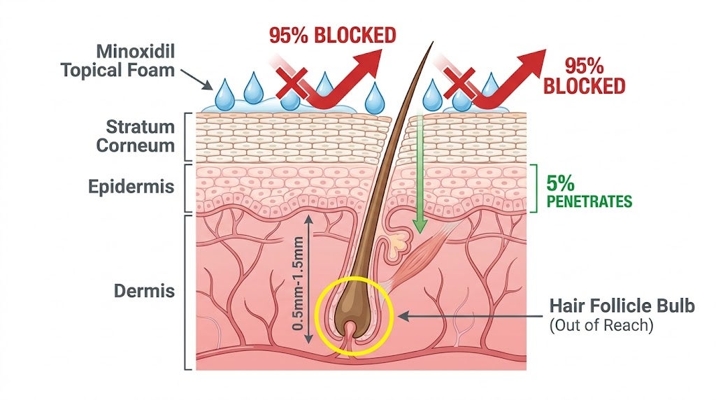 Cross-section showing how the stratum corneum blocks 95% of topical hair treatments from reaching the follicle
