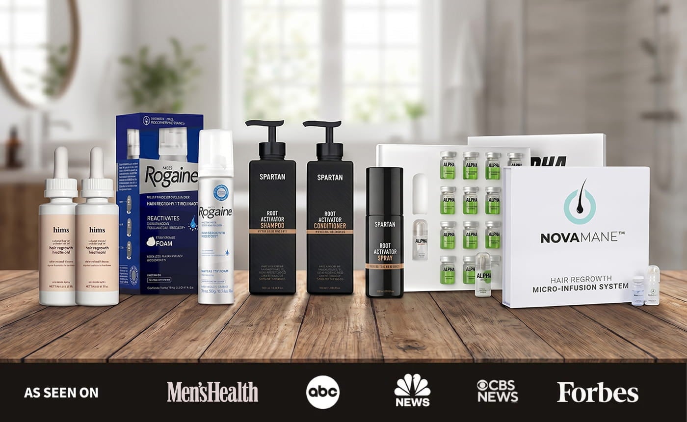 Editorial hero image showing the NovaMane Micro-Infusion System with As Seen On press logos baked in.