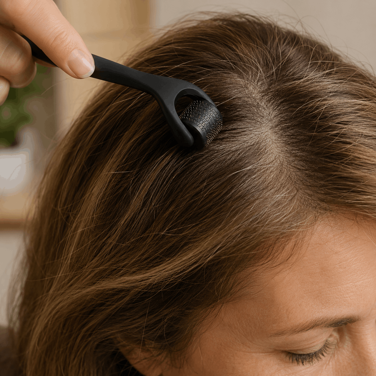 Traditional dermaroller used sideways on the scalp