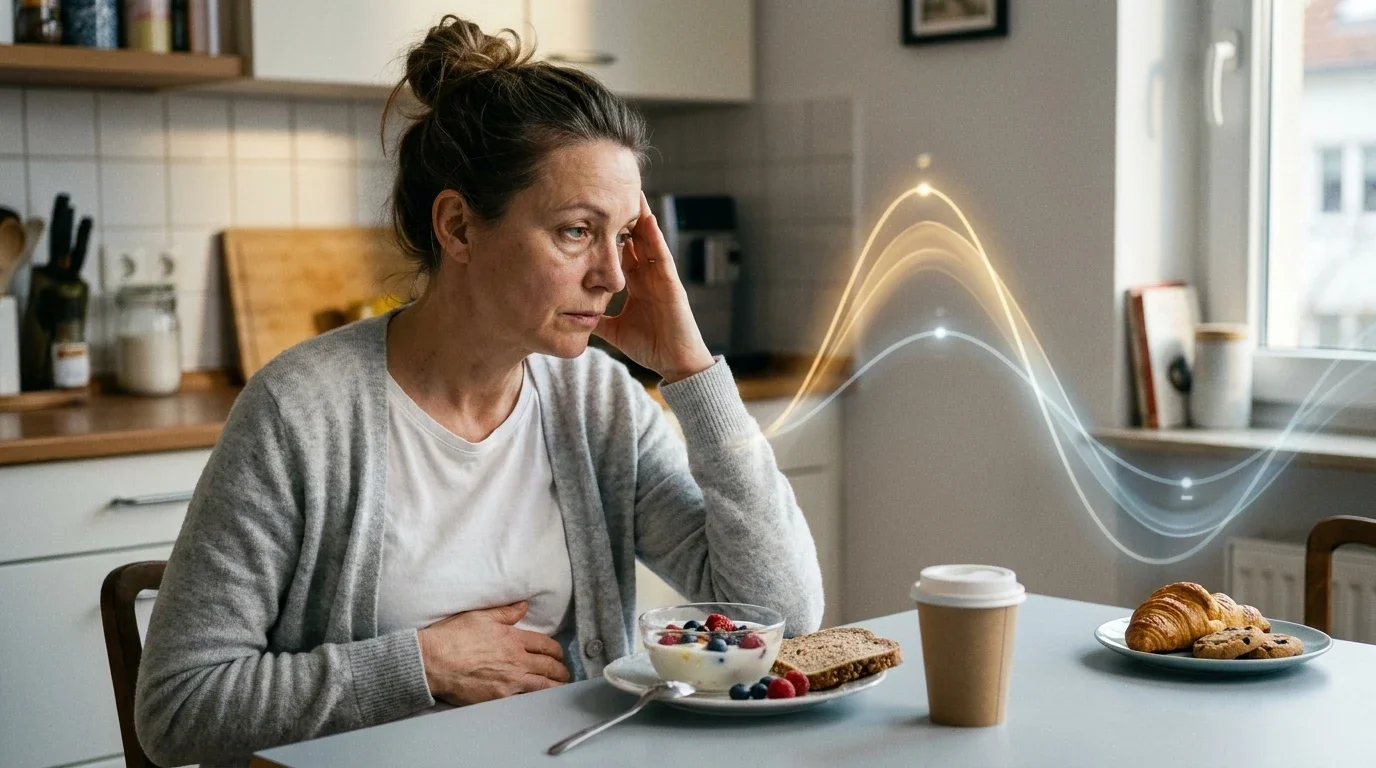 Frau am Frühstückstisch mit Darstellung schwankender Blutzuckerwerte