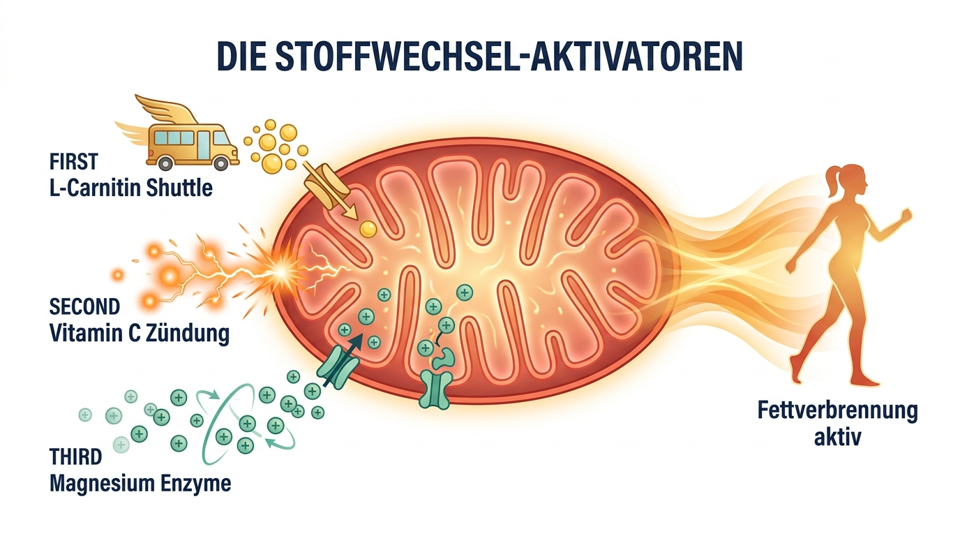 Diagramm der Stoffwechsel-Aktivatoren L-Carnitin, Vitamin C und Magnesium
