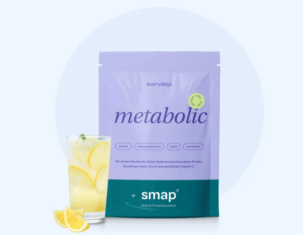metabolic plus smap Packung neben einem zubereiteten Zitronen-Drink