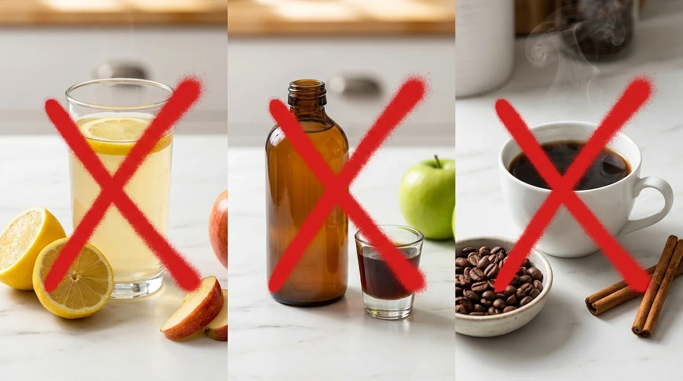 Durchgestrichene Einzel-Hacks: Zitronenwasser, Apfelessig und Kaffee