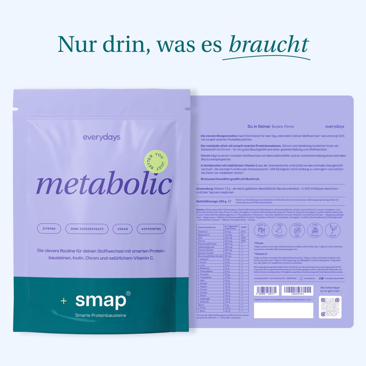 Nur drin, was es braucht: metabolic +smap® Vorder- und Rückseite