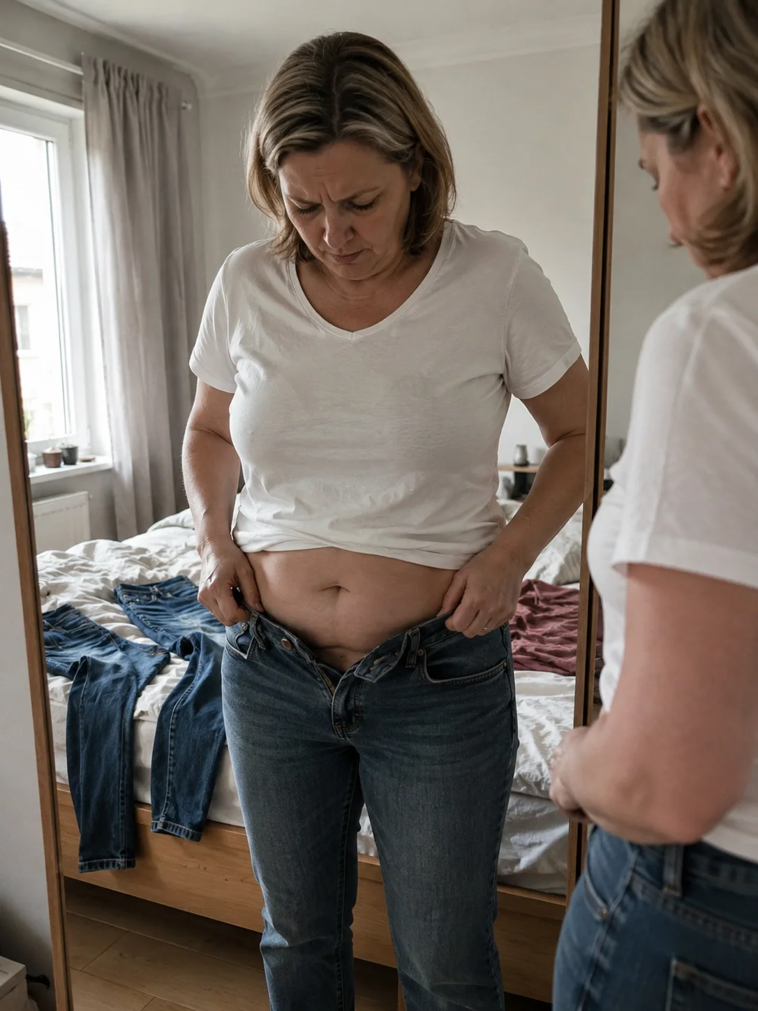 Frau betrachtet ihren Bauch vor dem Spiegel