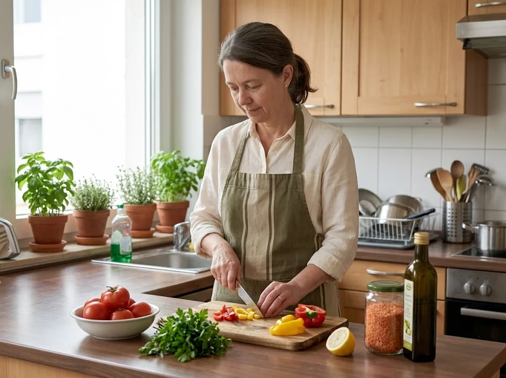 Frau kocht mit frischen Lebensmitteln