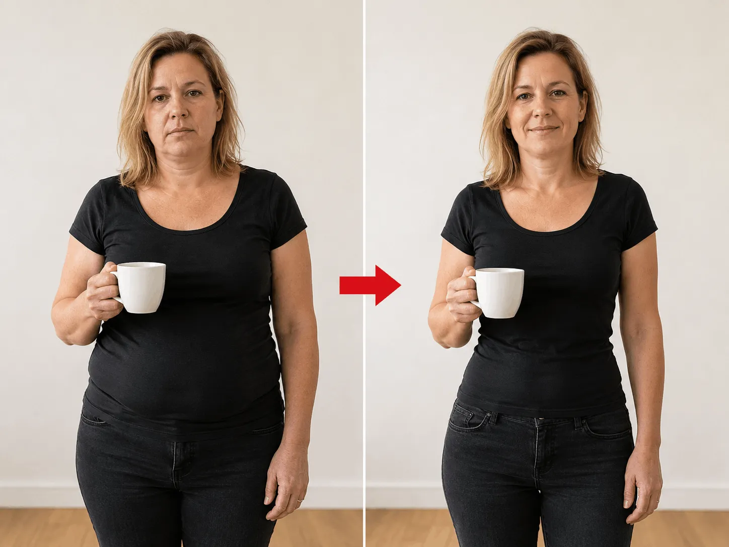 Frau mit Kaffee im Vorher-Nachher-Vergleich