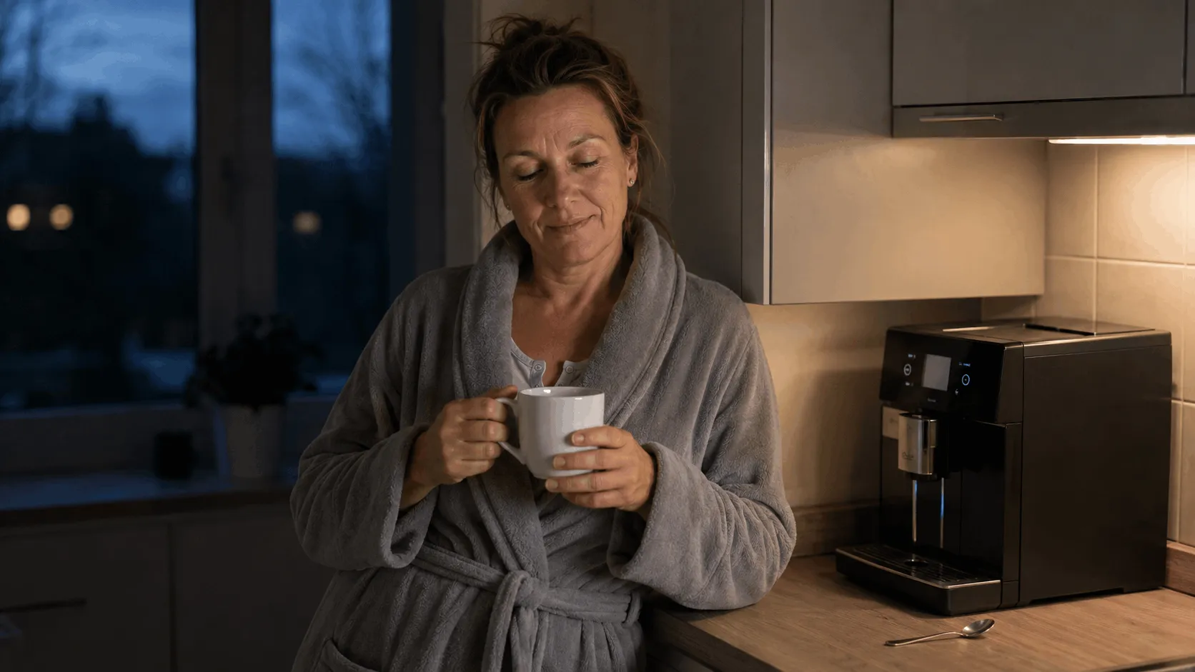 Frau frühmorgens mit Kaffee in der Küche