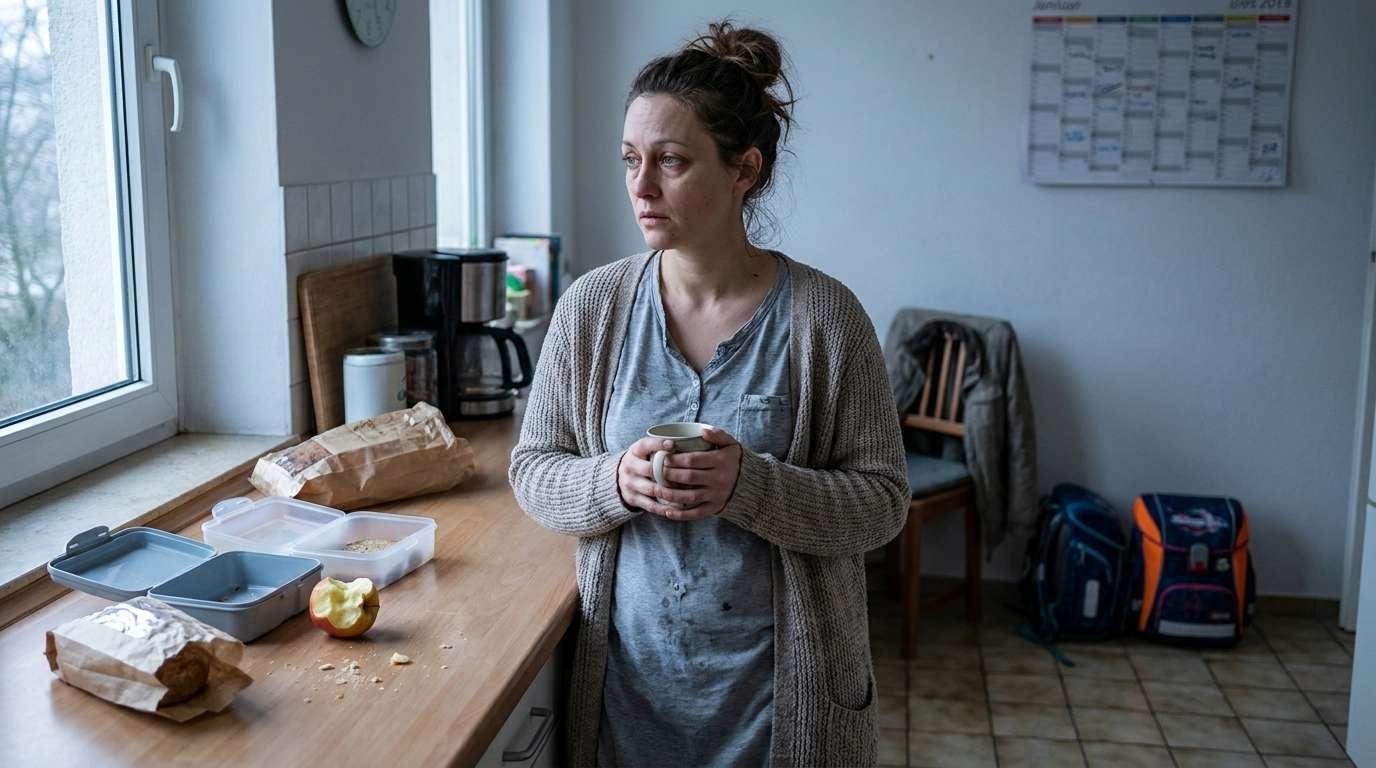 Frau frühmorgens in der Küche mit Kaffee