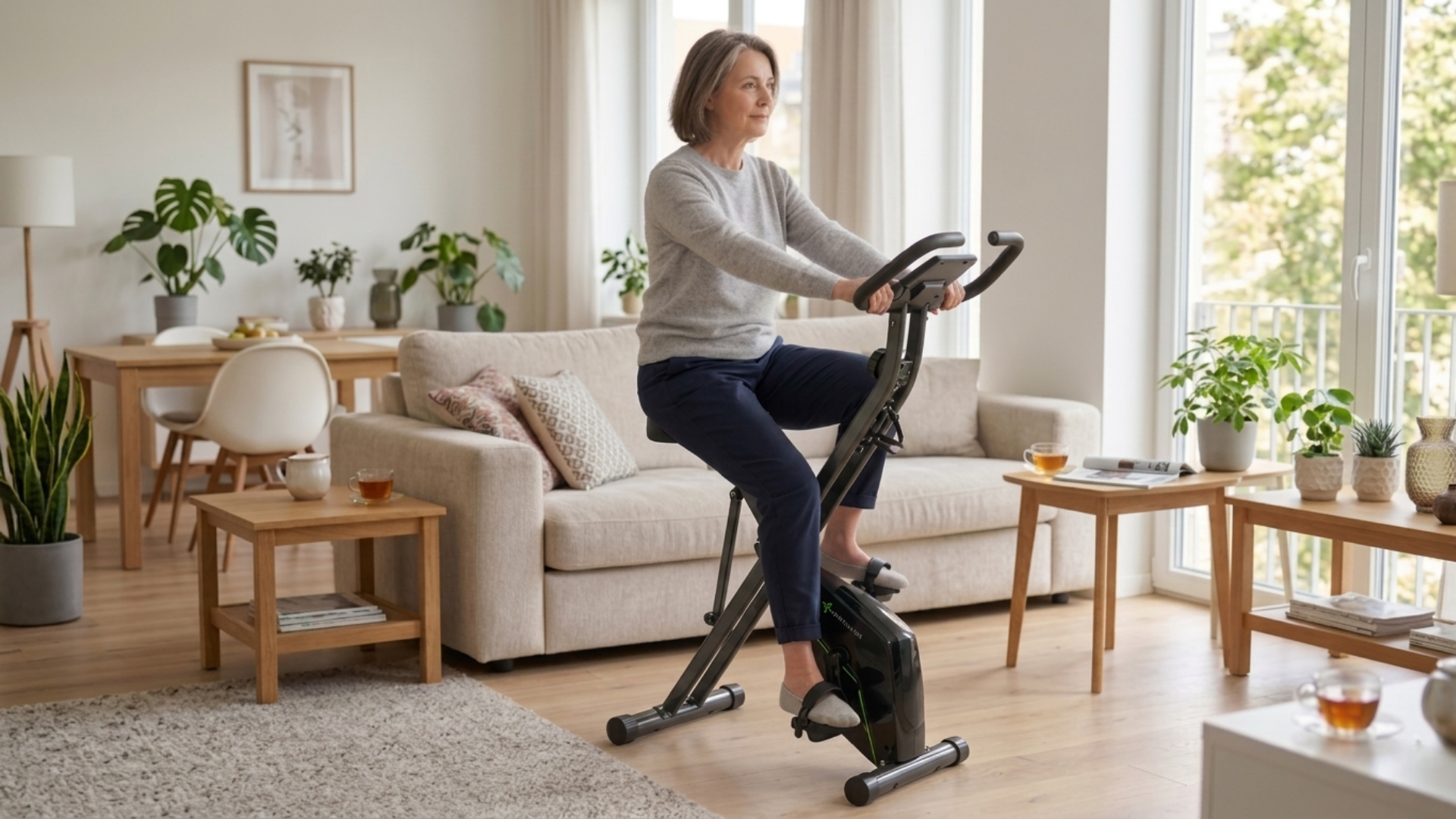 Frau entspannt auf klappbarem Heimtrainer im hellen Wohnzimmer