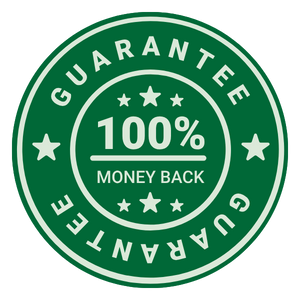 Round green badge with '100% Money Back Guarantee' text and stars.