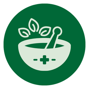 Icon of a mortar and pestle with leaves, symbolizing herbal medicine, on a green circular background.