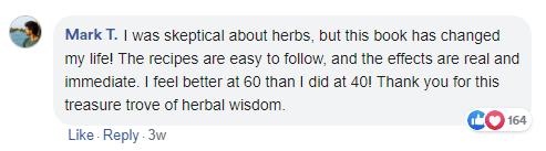 A testimonial praising a book on herbal remedies with 164 likes.