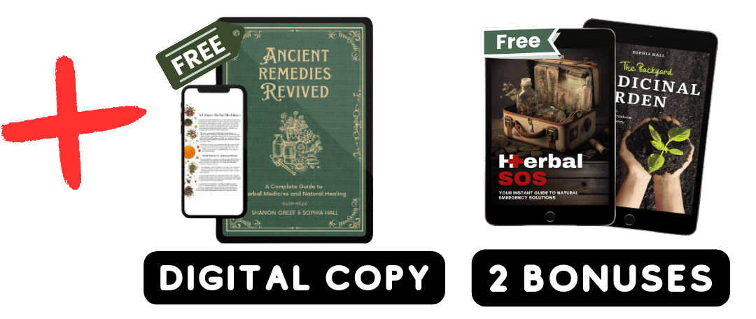 Digital copy of 'Ancient Remedies Revived' book with two free bonus guides on herbal emergency solutions and medicinal gardening.