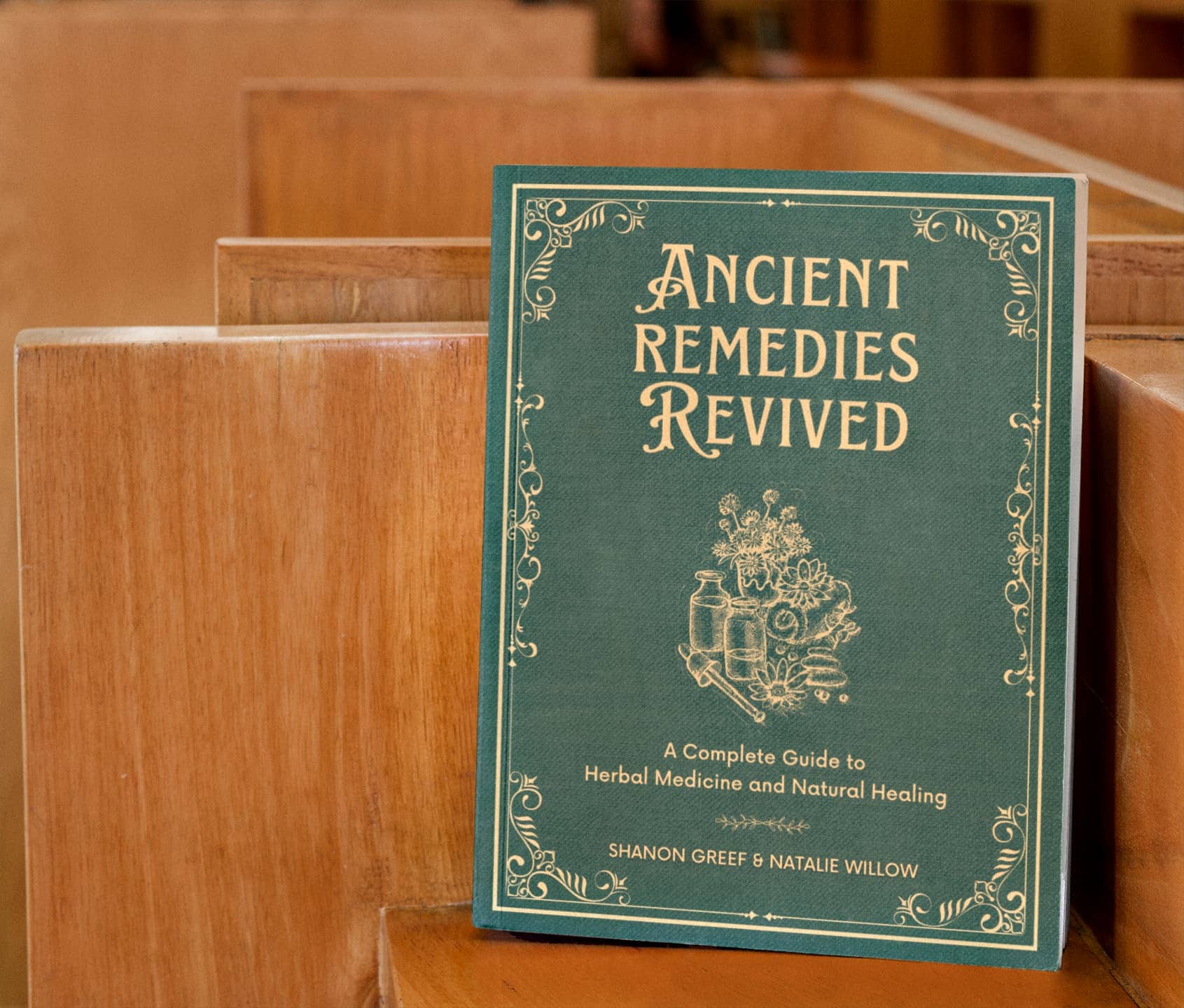 A book titled 'Ancient Remedies Revived' on wooden shelves.