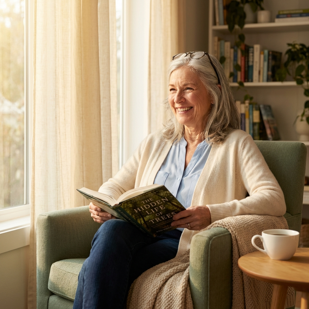 Woman reading comfortably by a window