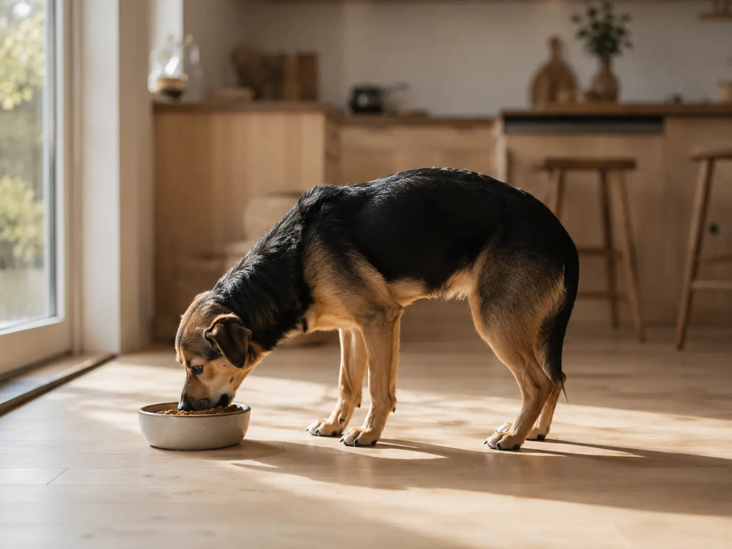 Hund spiser i forkert position