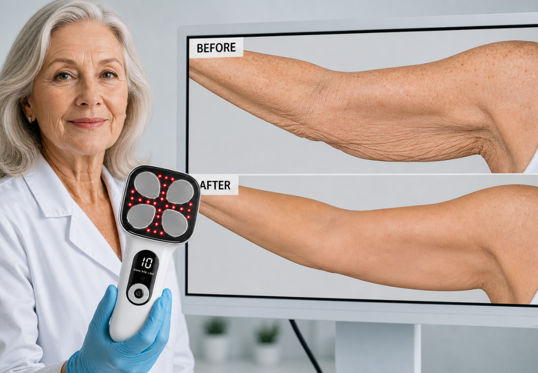 Dr. Michelle Reeves demonstrates the difference between untreated skin laxity and results after RF + infrared therapy