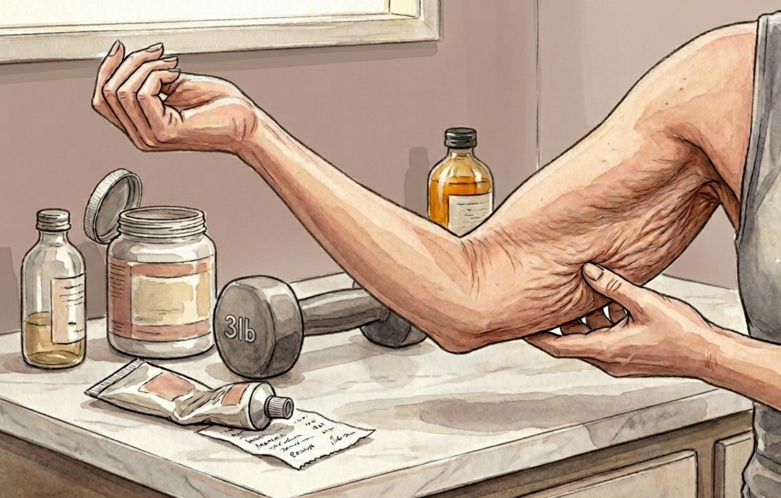 Failed solutions: firming creams, collagen supplements, a 3lb dumbbell and a receipt on a bathroom counter