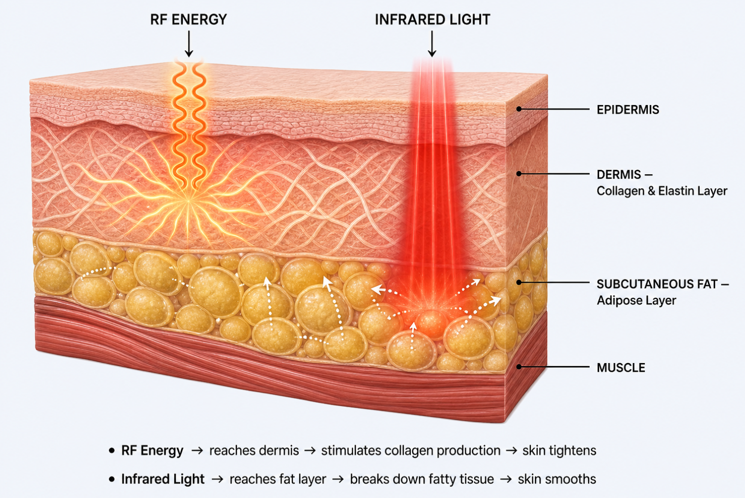 Medical diagram: RF energy targeting the dermis collagen layer, infrared light reaching subcutaneous fat