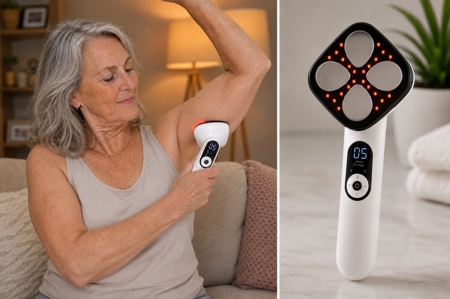 Woman using Sonicfit device on upper arm at home, and detailed product shot