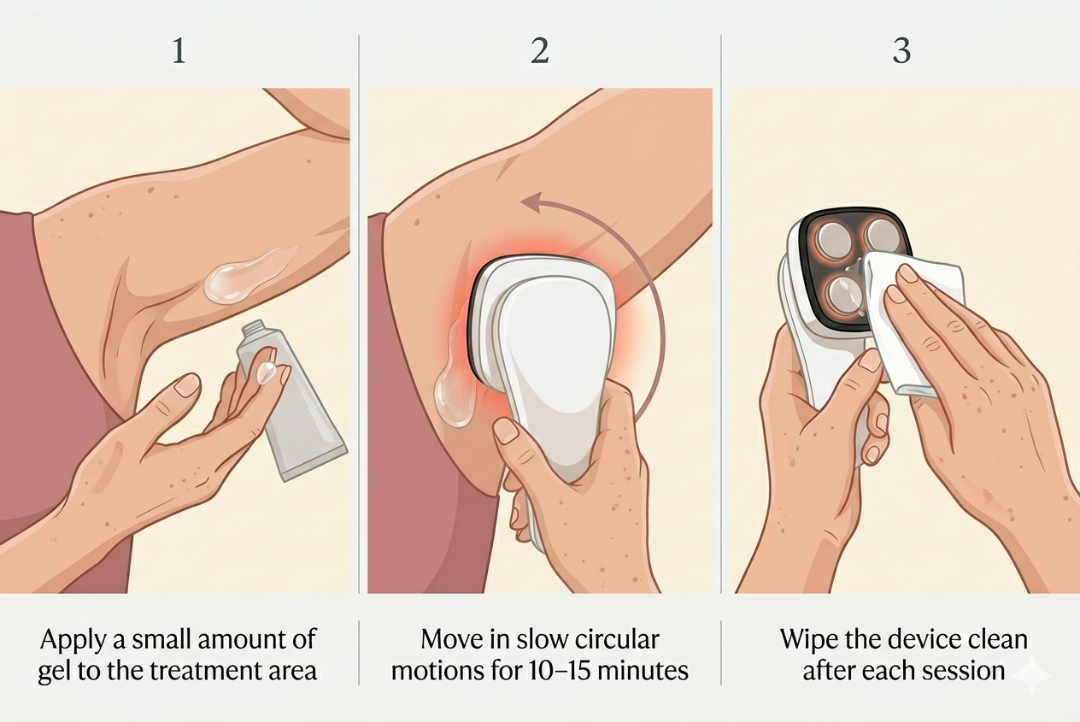 Three-step usage: apply gel, circular motion 10-15 minutes, wipe clean
