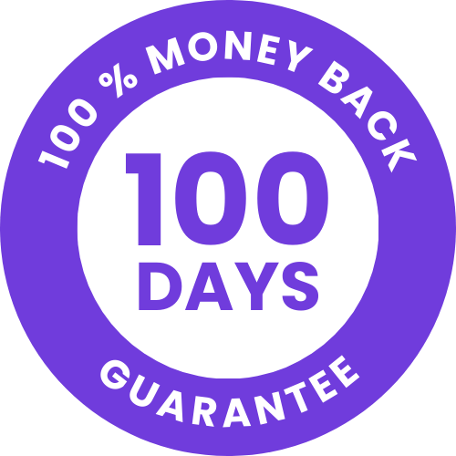 Purple circle badge with '100% Money Back Guarantee - 100 Days' text.