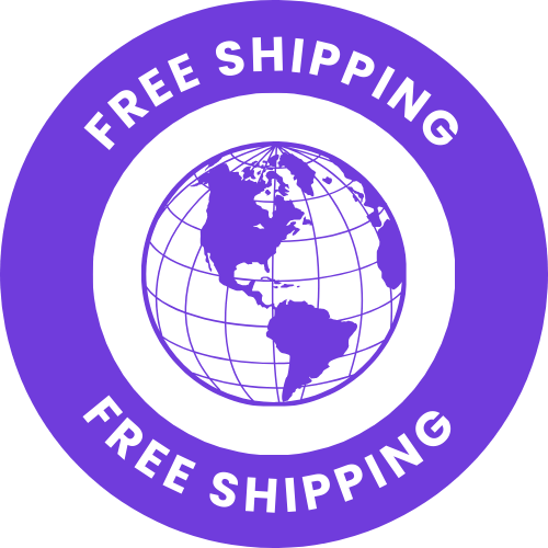 A globe surrounded by a 'Free Shipping' text in a circular badge.