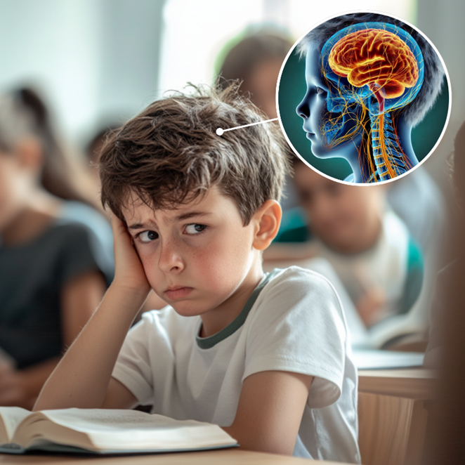 Child in class looking confused with brain anatomy overlay.