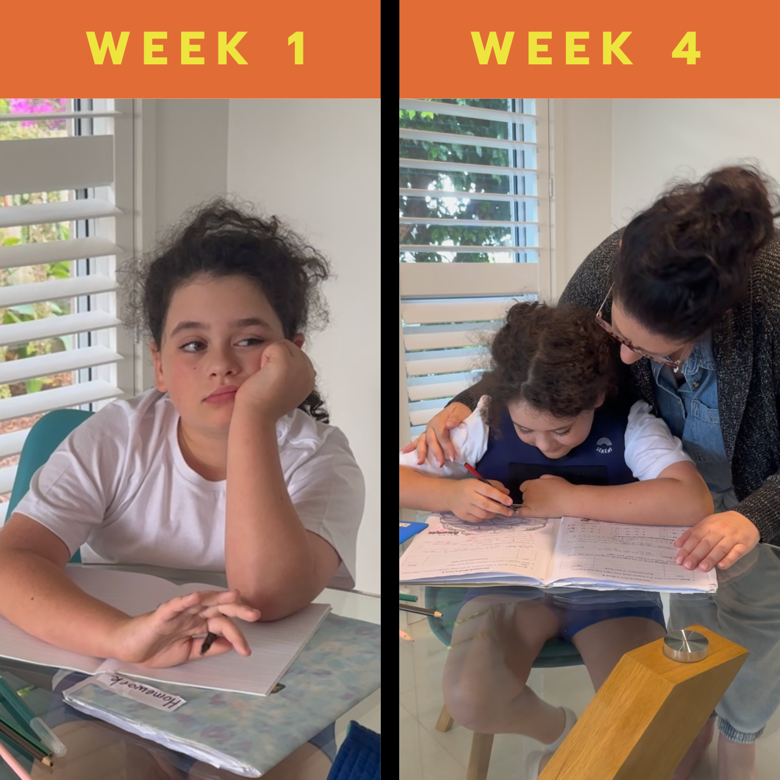 Two-part image: a student starts disinterested at week 1, engaged with help at week 4.