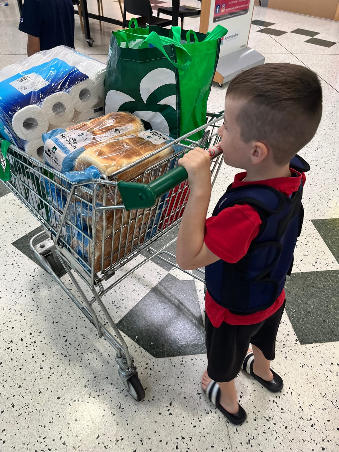 Child pushing a shopping cart filled with groceries, including bread and toilet paper, in a store.