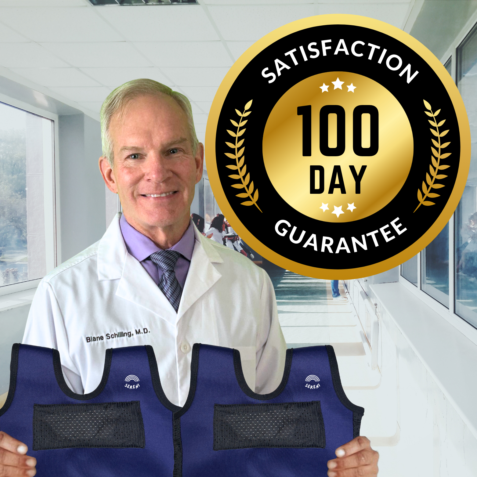 Doctor holding a medical device next to a 100-day satisfaction guarantee badge.