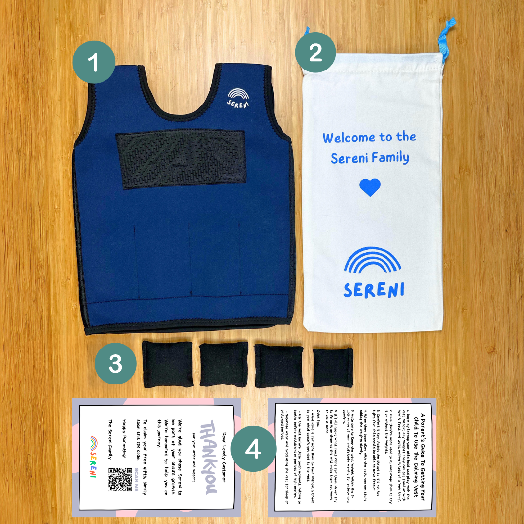 Blue weighted vest set with pouches, bag, and thank you card on wooden surface.