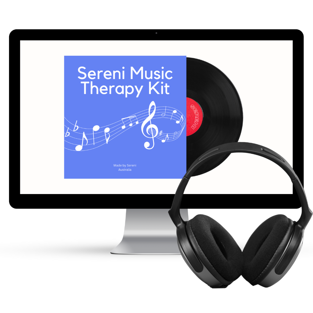 Computer, headphones, and vinyl record with Sereni Music Therapy Kit displayed on screen.