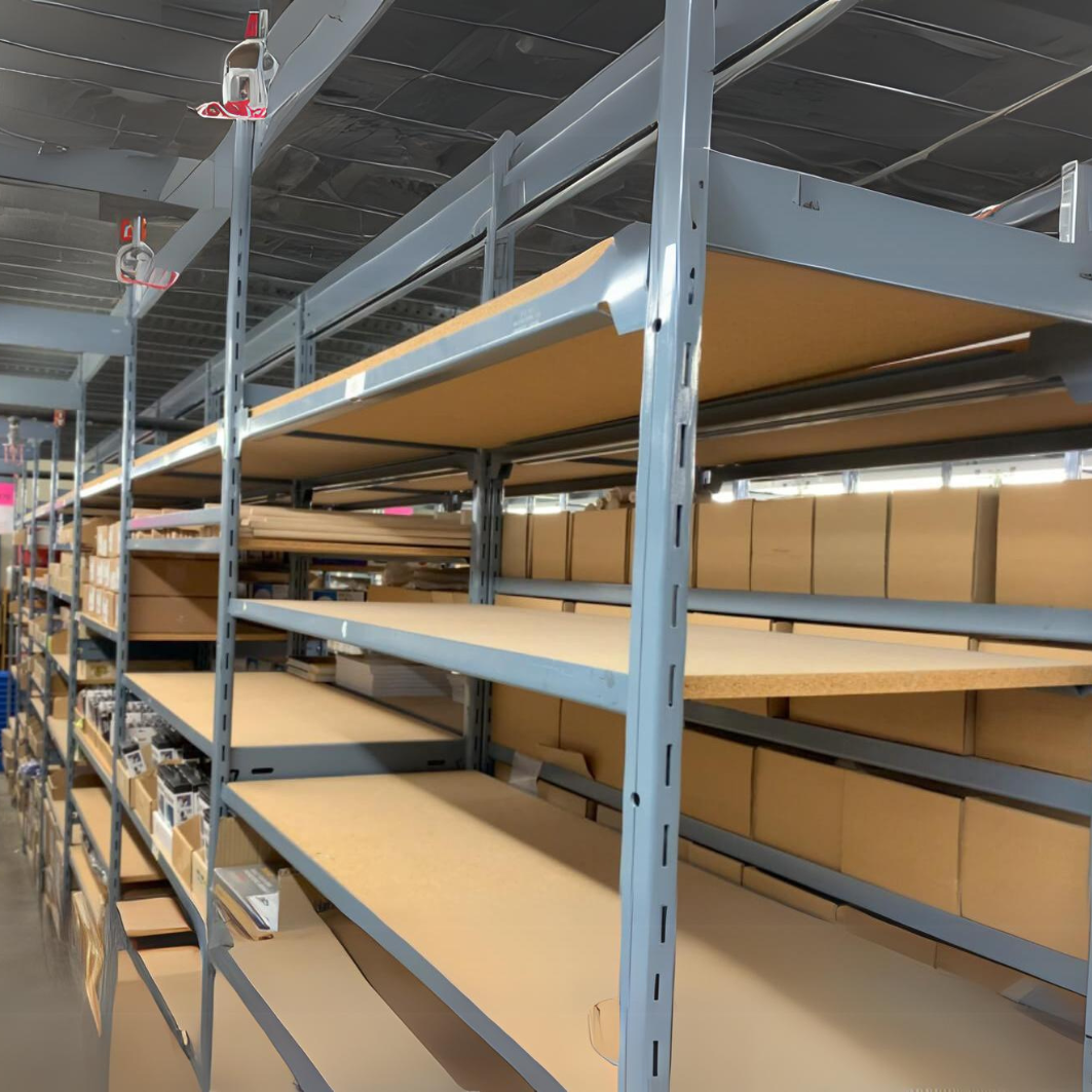 Empty blue metal industrial shelves with cardboard covering.