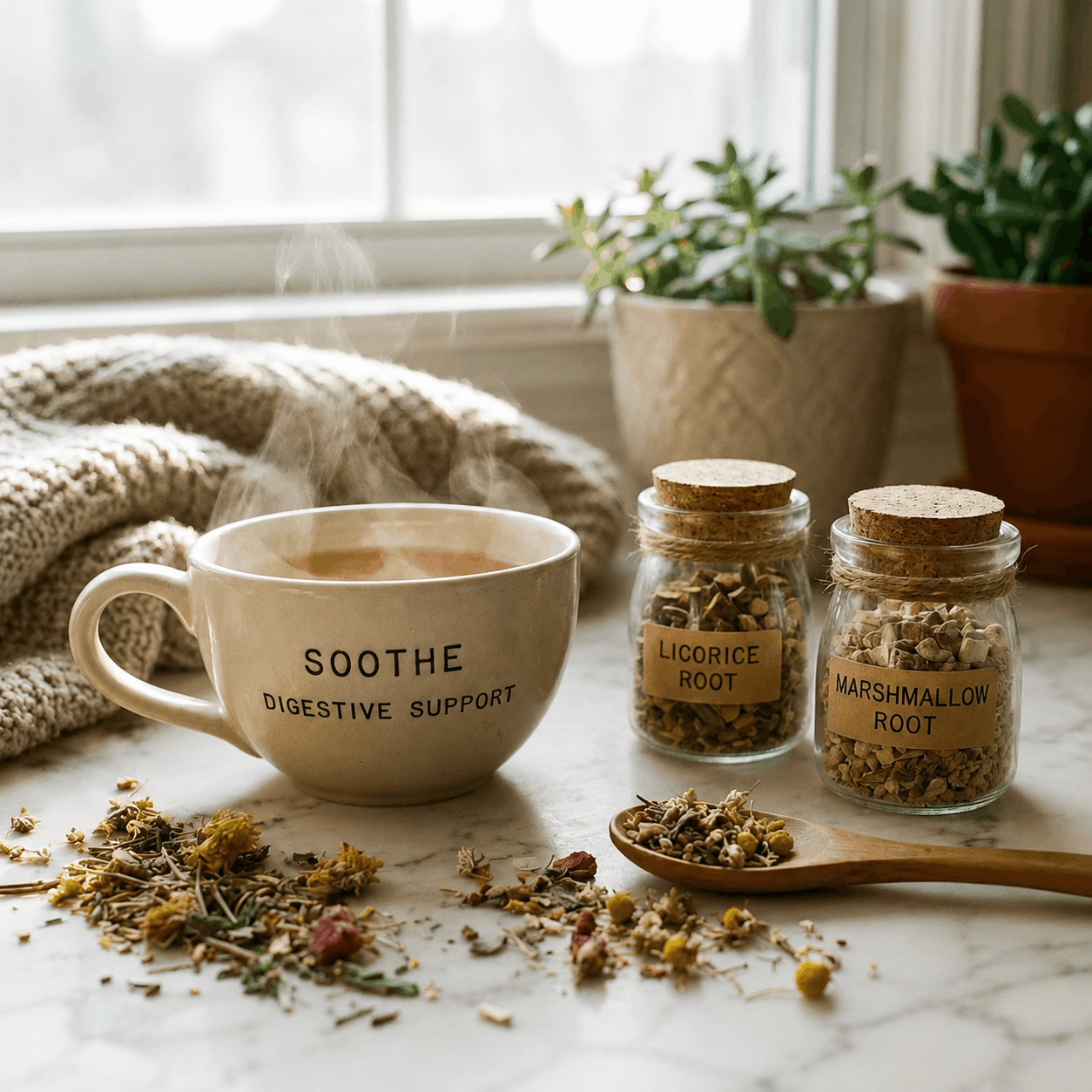 A soothing herbal tea prepared from combined herbs