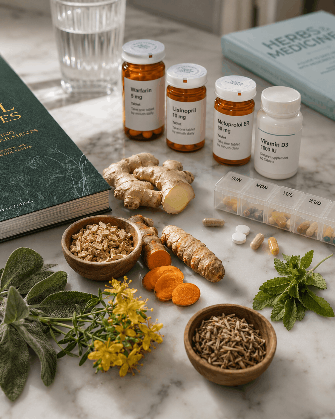 Herbs, oils, and spices arranged with their key plant compounds labeled