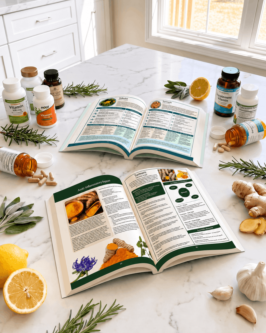 The Herbal Synergies and Herbs & Medicines books open to inside spreads