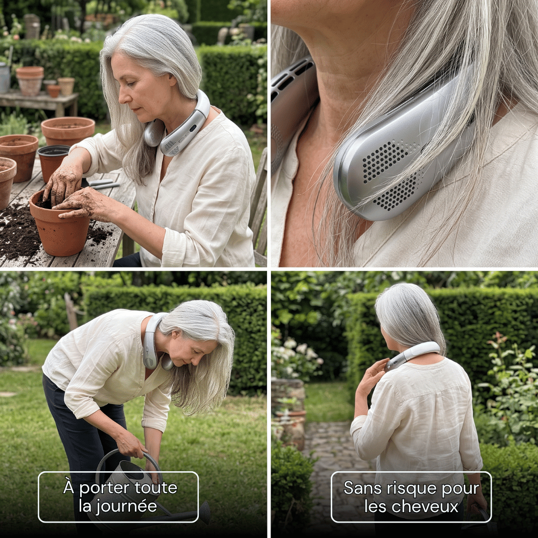 NeoBrise porté autour du cou, les cheveux glissent sur la grille