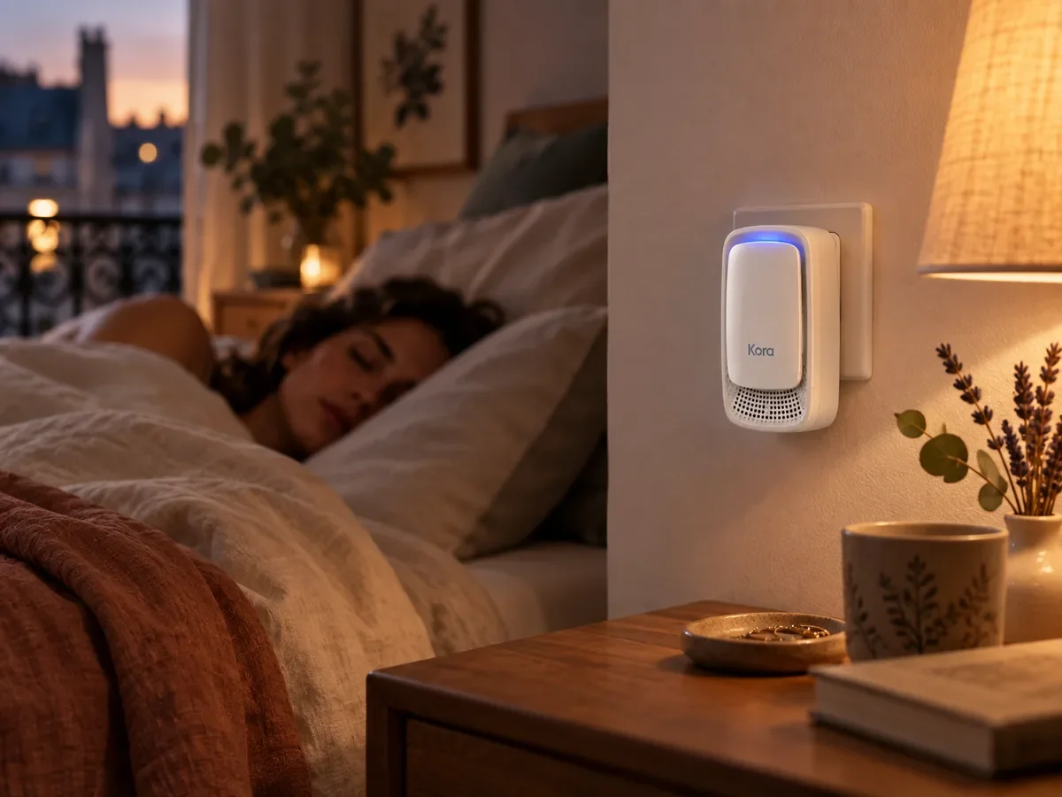 Une chambre la nuit : une femme dort sur le côté, et au-dessus de l'oreiller la poussière fine flotte dans un rai de lumière.