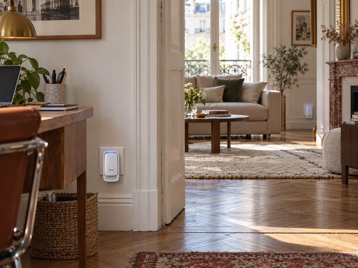 Deux Kora Air branchés, l'un dans un bureau, l'autre dans le salon.