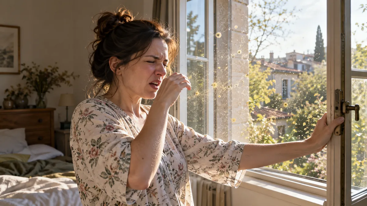Une femme ouvre sa fenêtre et s'apprête à éternuer : dans le rayon de soleil, le pollen entre avec l'air frais.