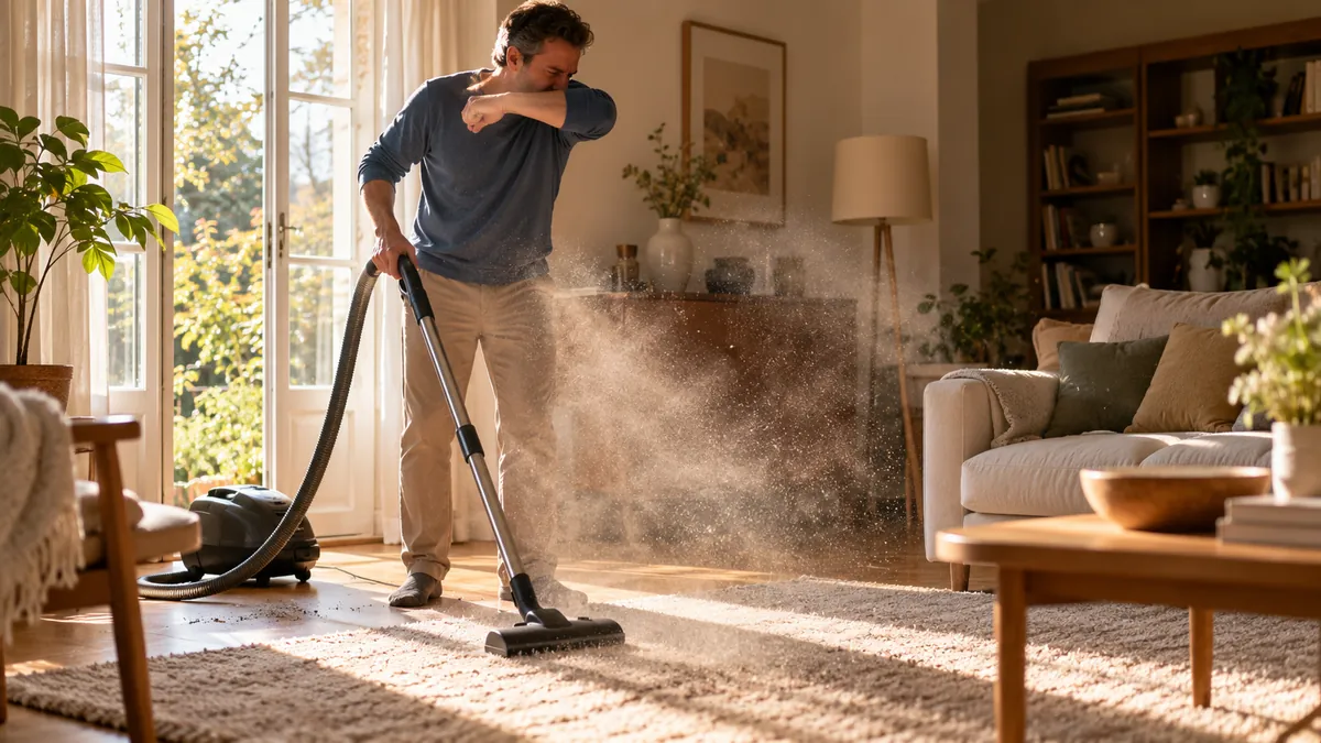 Un homme passe l'aspirateur et tousse : autour de lui, un nuage de fine poussière soulevée du tapis.