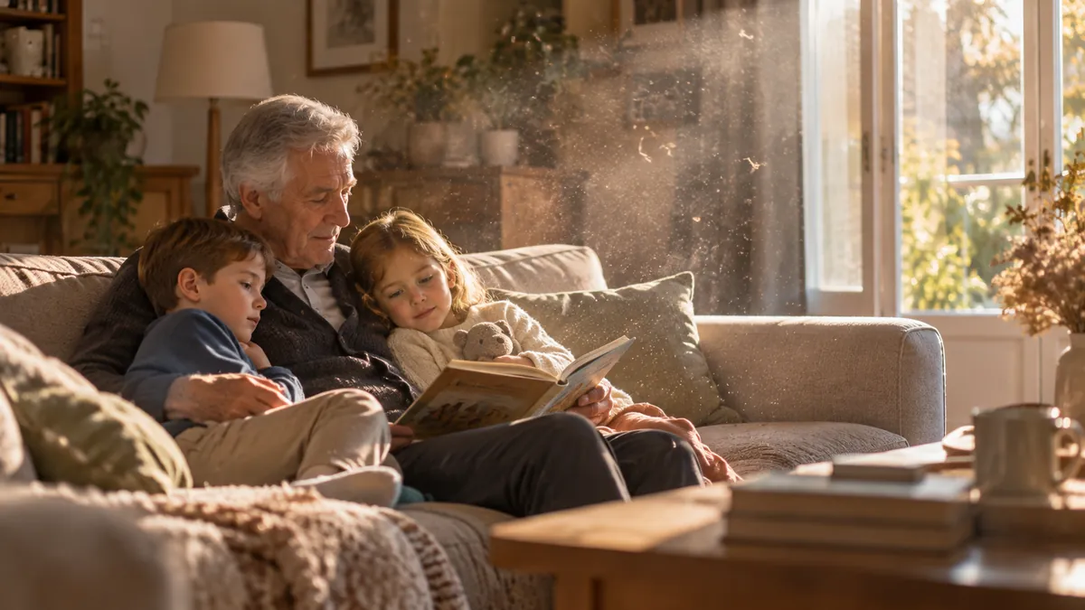 Un grand-père joue avec ses petits-enfants dans un salon lumineux.