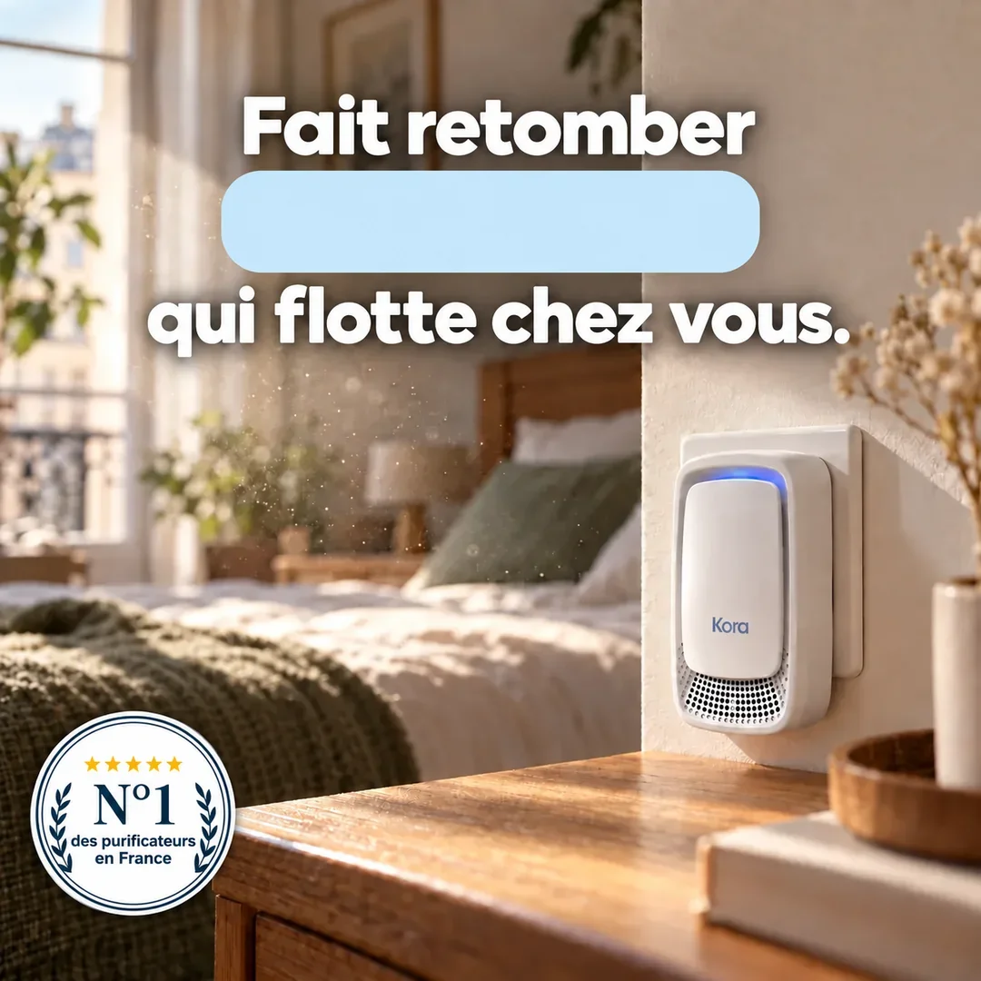 Kora Air branché au mur d'une chambre : il fait retomber la poussière, les acariens, les odeurs et les spores qui flottent chez vous. satisfait ou remboursé 60 jours.