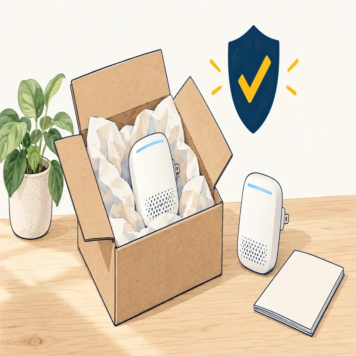 Illustration d'un colis ouvert posé sur une table, un petit appareil blanc et un livret, avec un bouclier coché.