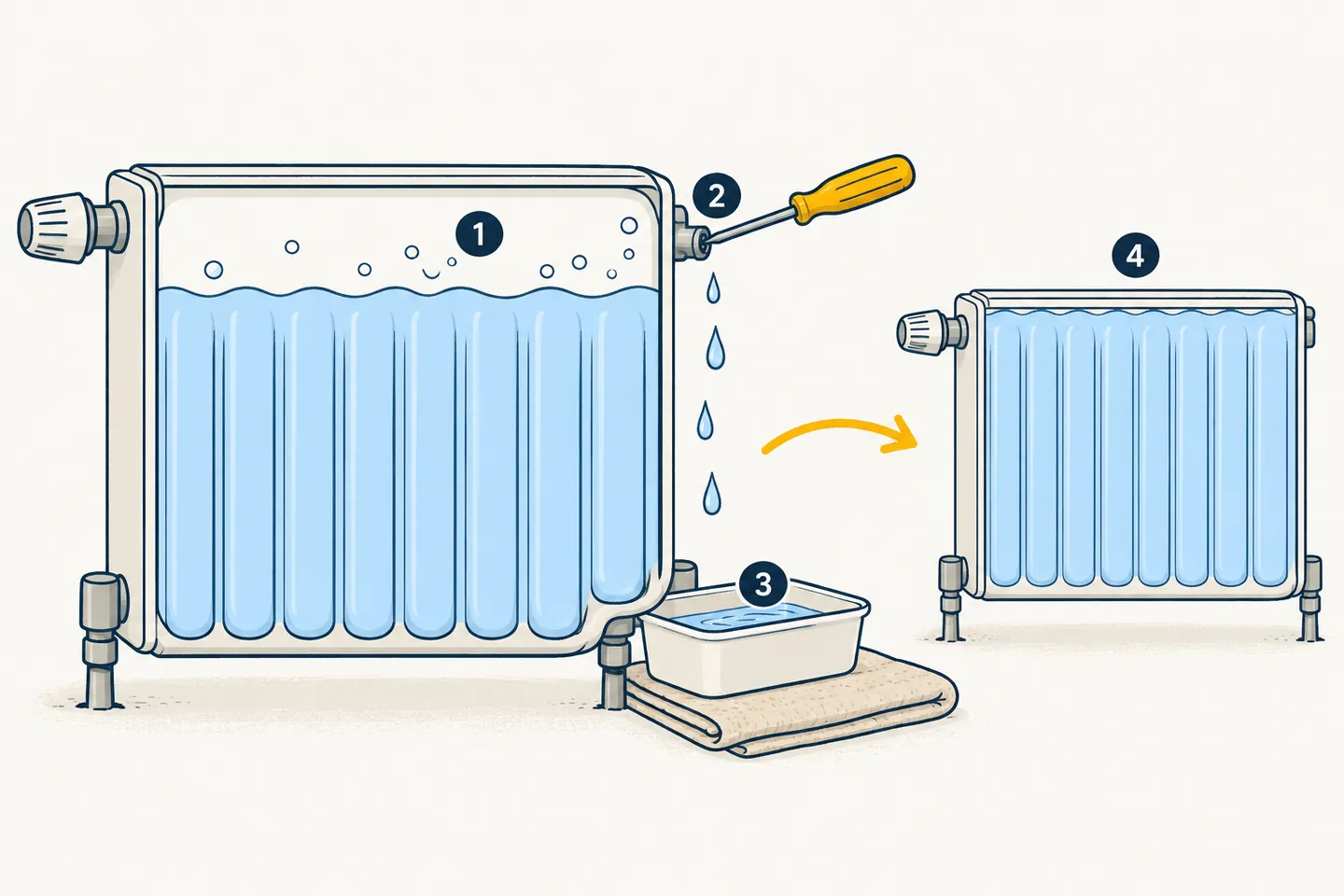 Schéma en coupe d'un radiateur à eau, avec l'air bloqué en haut et la vis de purge.