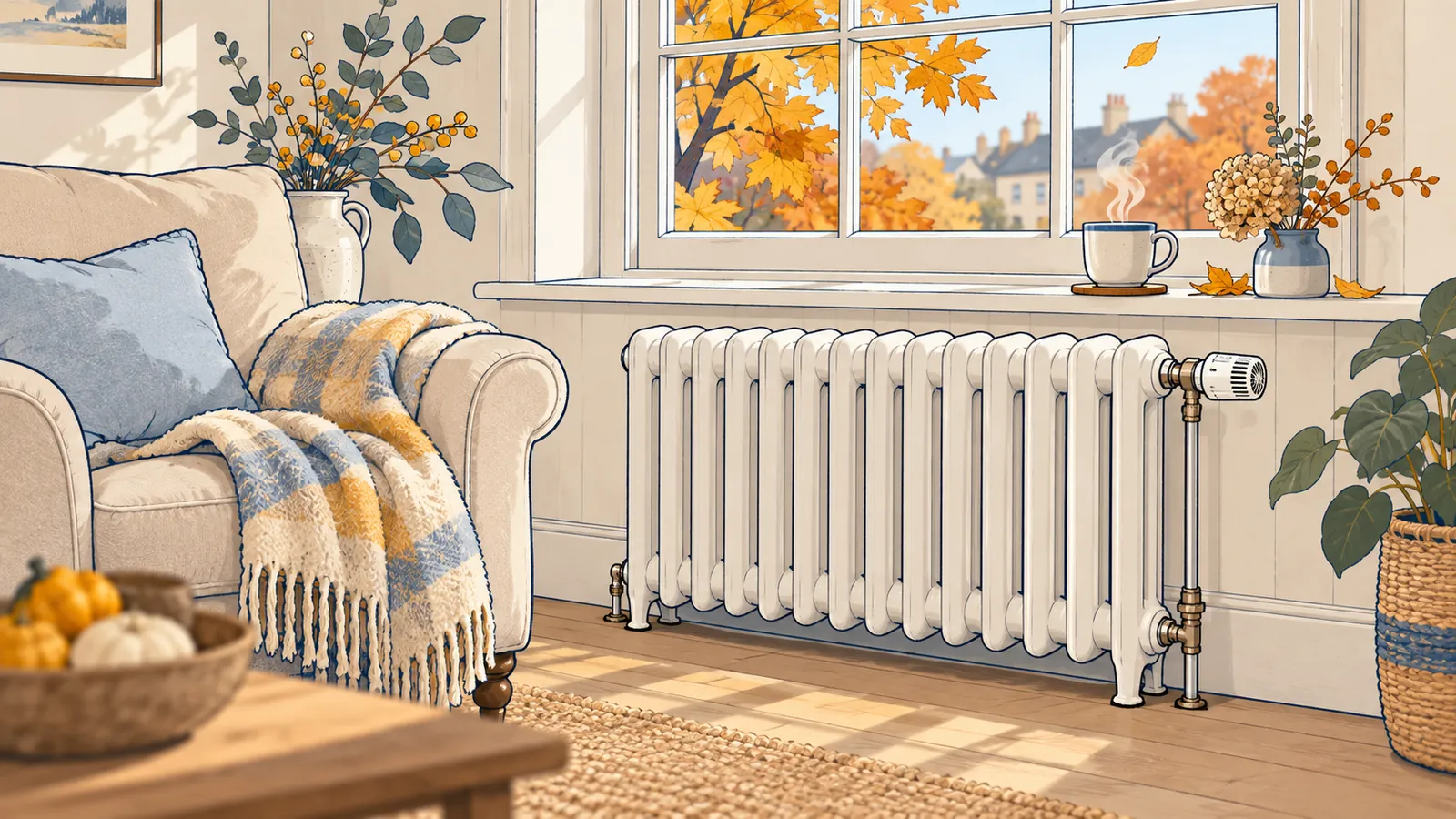 Illustration d'un radiateur blanc sous une fenêtre d'automne, avec un thermostat et un plaid.
