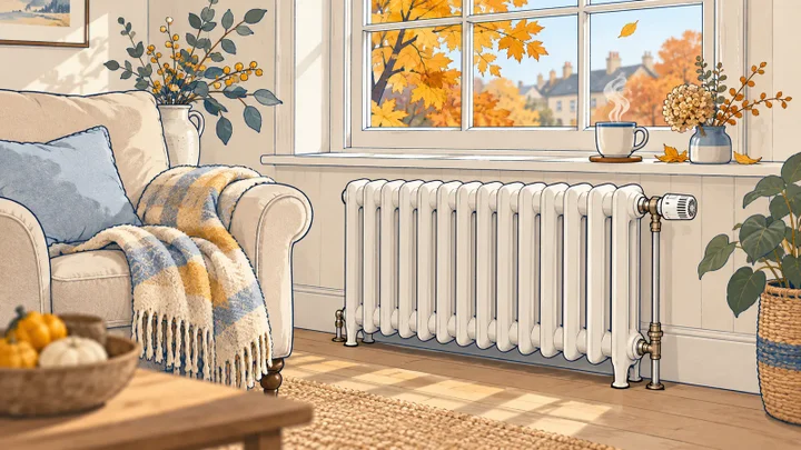 Illustration d'un radiateur blanc sous une fenêtre d'automne, avec un thermostat et un plaid.