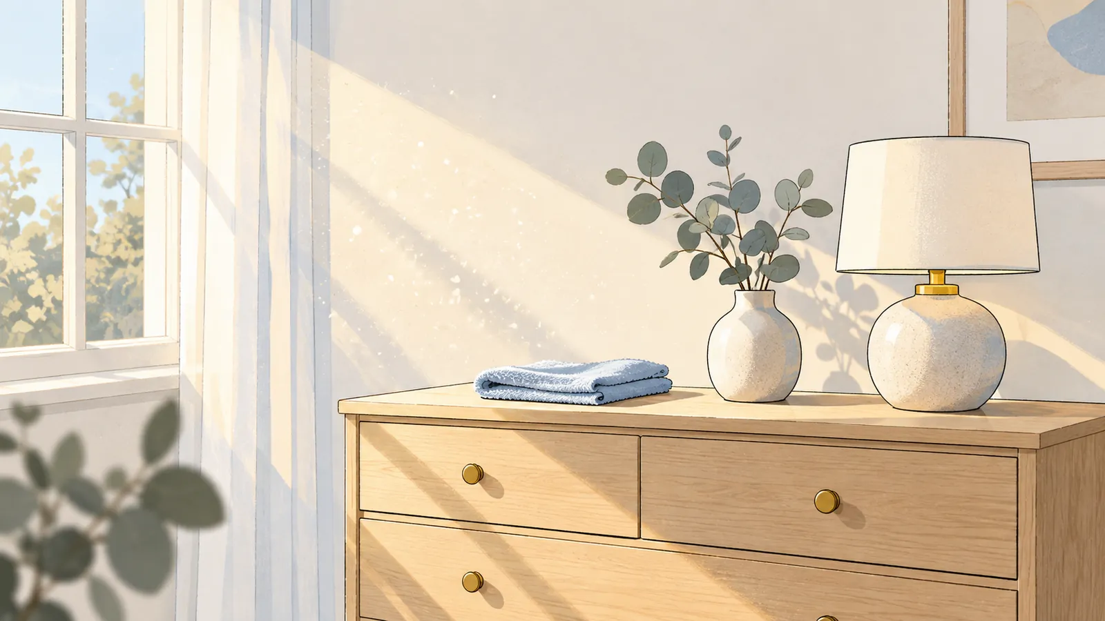 Illustration d'un rayon de soleil qui fait briller de fines poussières au-dessus d'une commode en bois.